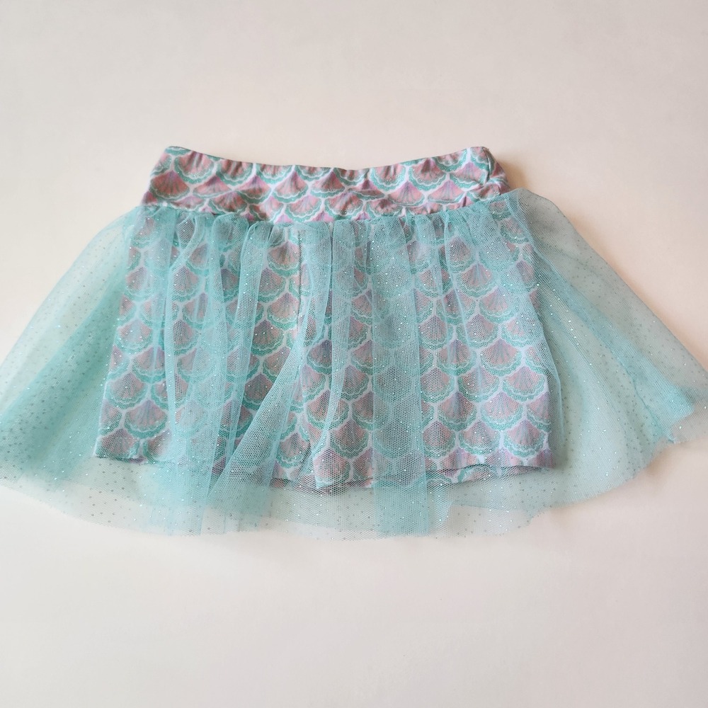 Girls Teal Mermaid Shell Print Glitter Tulle Skort Size XS 4 Built-in Shorts
